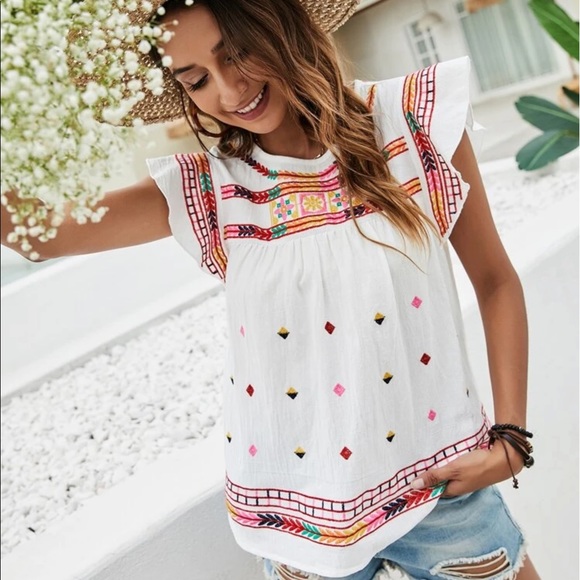 GEO EMBROIDERY BUTTERFLY SLEEVE BLOUSE - Picture 7 of 9